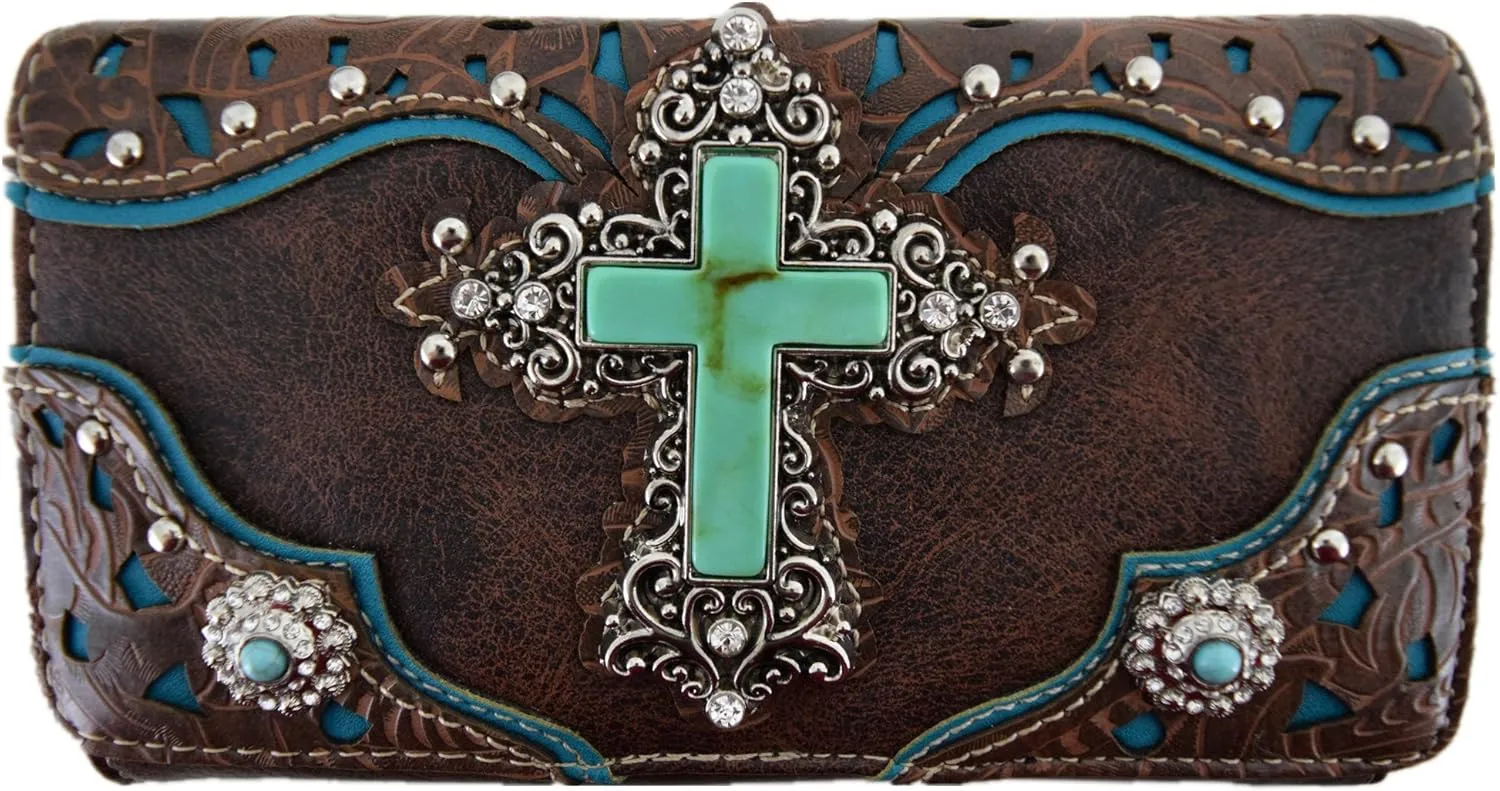 Western Style Rhinestone Cross Conchos Studded Women Purse Tooled Leather Handbag Country Shoulder Bag Trifold Wallet Set
