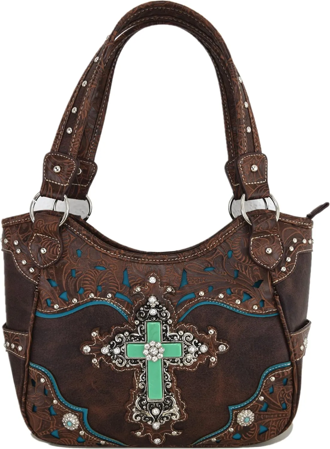 Western Style Rhinestone Cross Conchos Studded Women Purse Tooled Leather Handbag Country Shoulder Bag Trifold Wallet Set