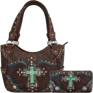 Western Style Rhinestone Cross Conchos Studded Women Purse Tooled Leather Handbag Country Shoulder Bag Trifold Wallet Set