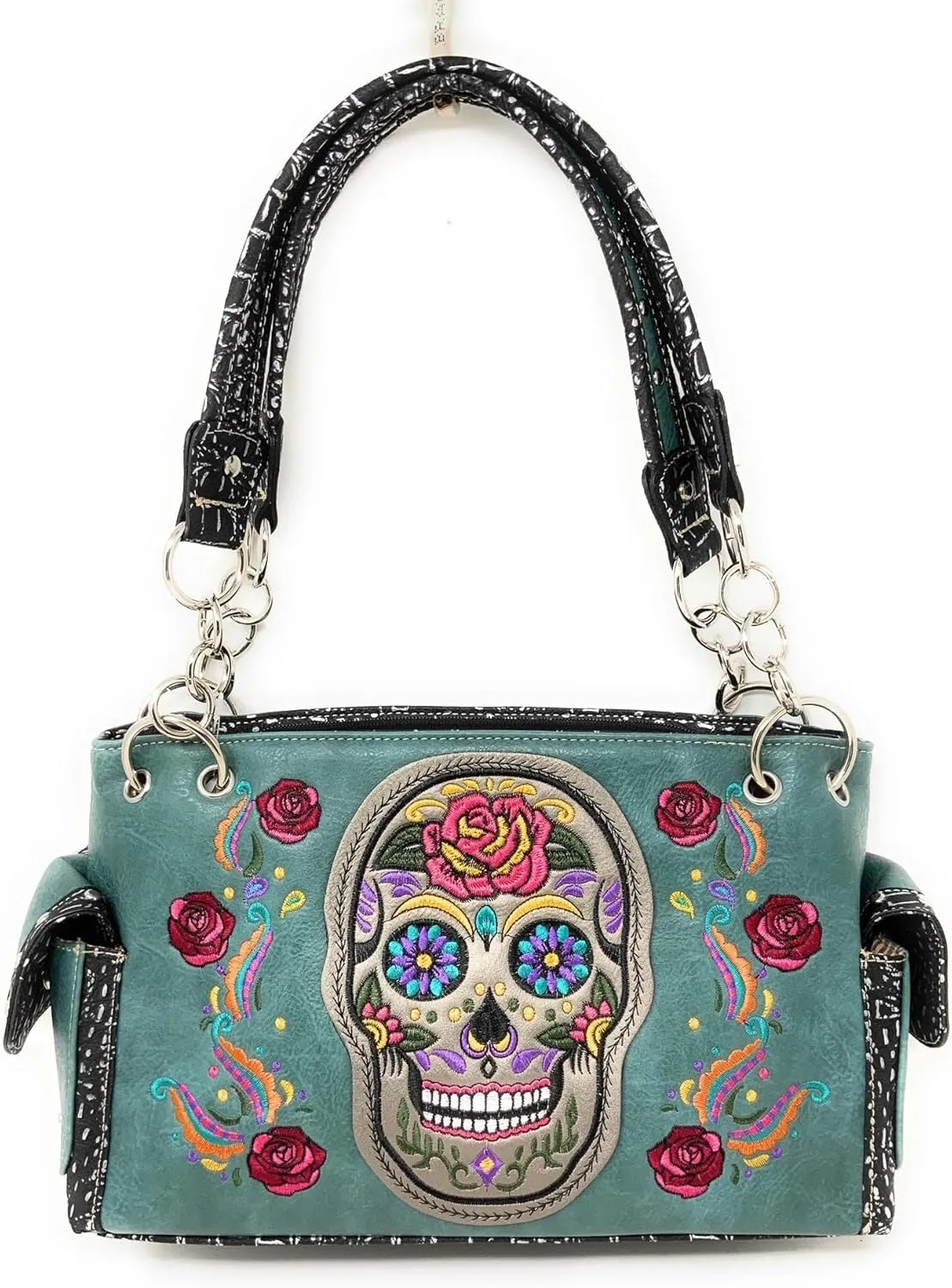 Western Womens Sugar Skull Rhinestone Flora Embroidery Concealed Carry Handbag/Wallet in Multi-Color