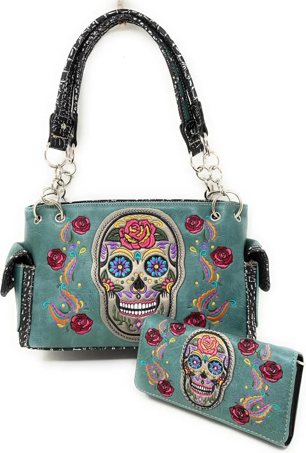 Western Womens Sugar Skull Rhinestone Flora Embroidery Concealed Carry Handbag/Wallet in Multi-Color