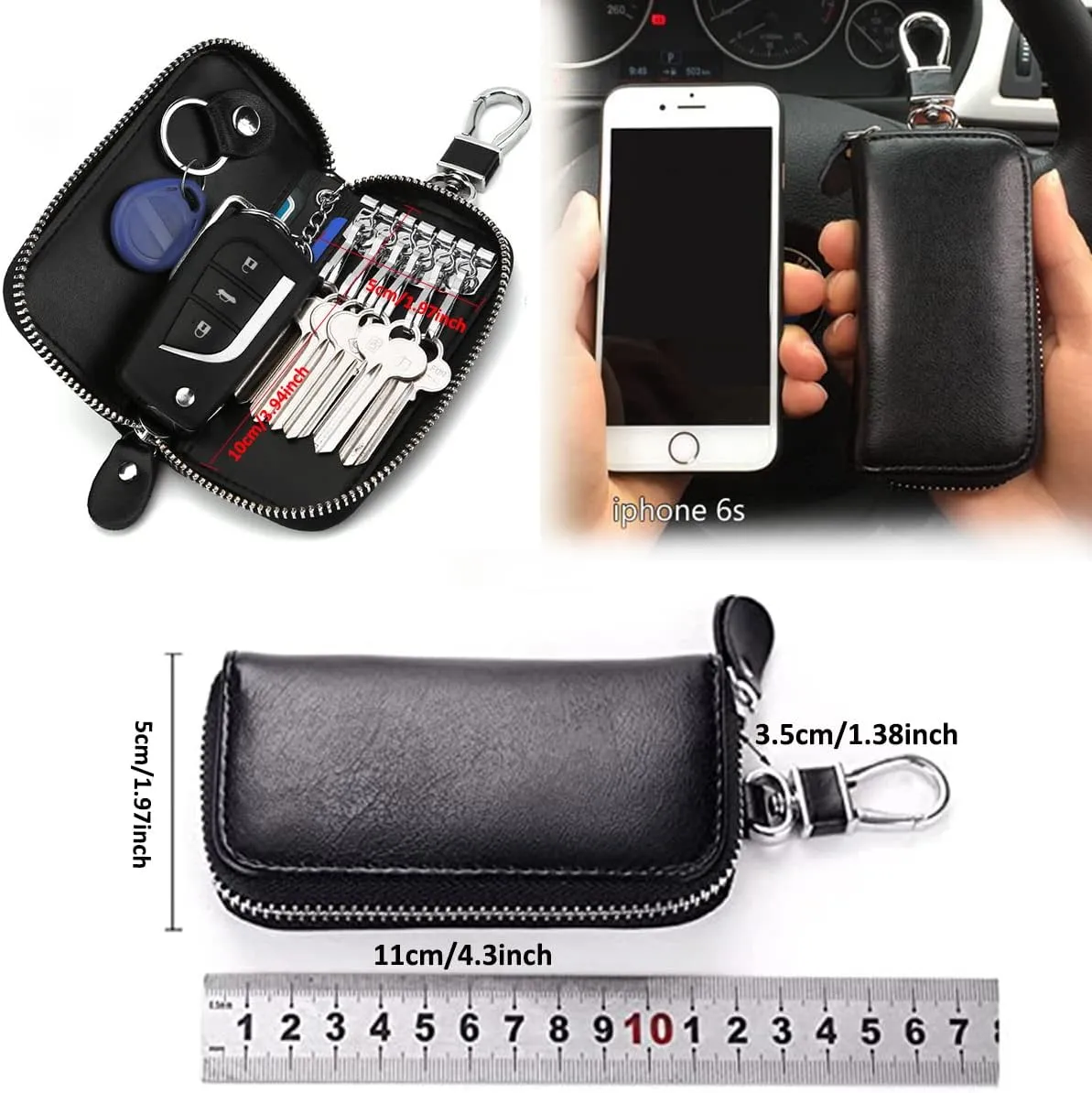 WESTONETEK Unisex Mens Womens Premium Leather Car Key Holder Bag Keychain Case Wallet with 6 Hooks Zipper Closure