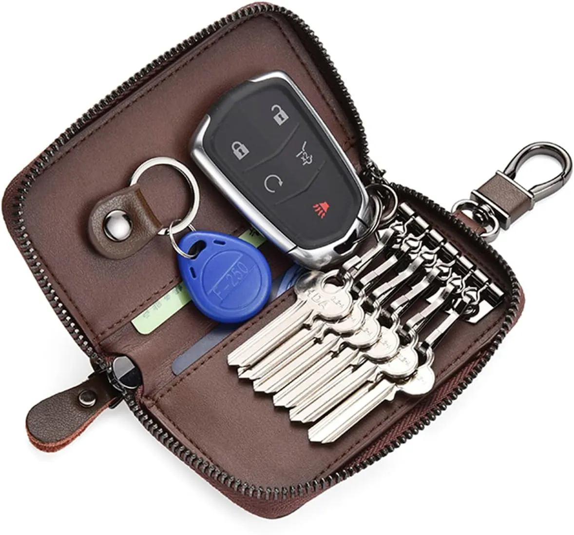 WESTONETEK Unisex Mens Womens Premium Leather Car Key Holder Bag Keychain Case Wallet with 6 Hooks Zipper Closure