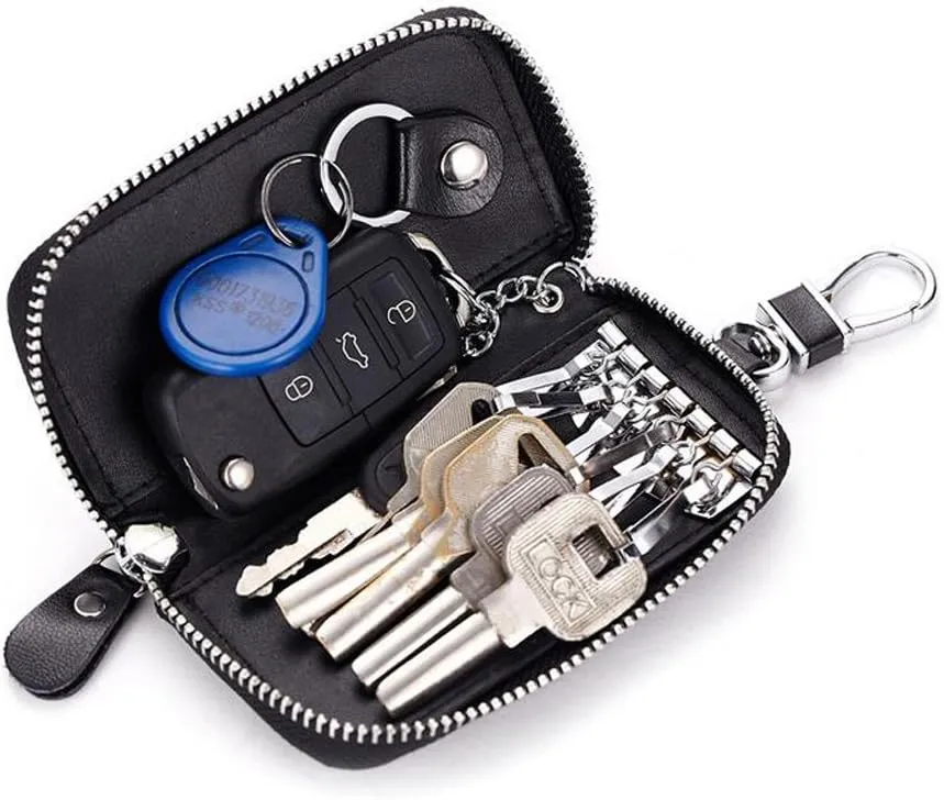 WESTONETEK Unisex Mens Womens Premium Leather Car Key Holder Bag Keychain Case Wallet with 6 Hooks Zipper Closure