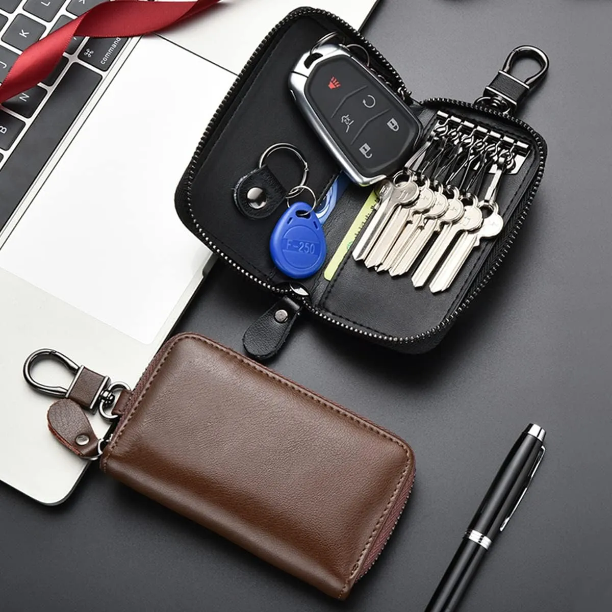 WESTONETEK Unisex Mens Womens Premium Leather Car Key Holder Bag Keychain Case Wallet with 6 Hooks Zipper Closure