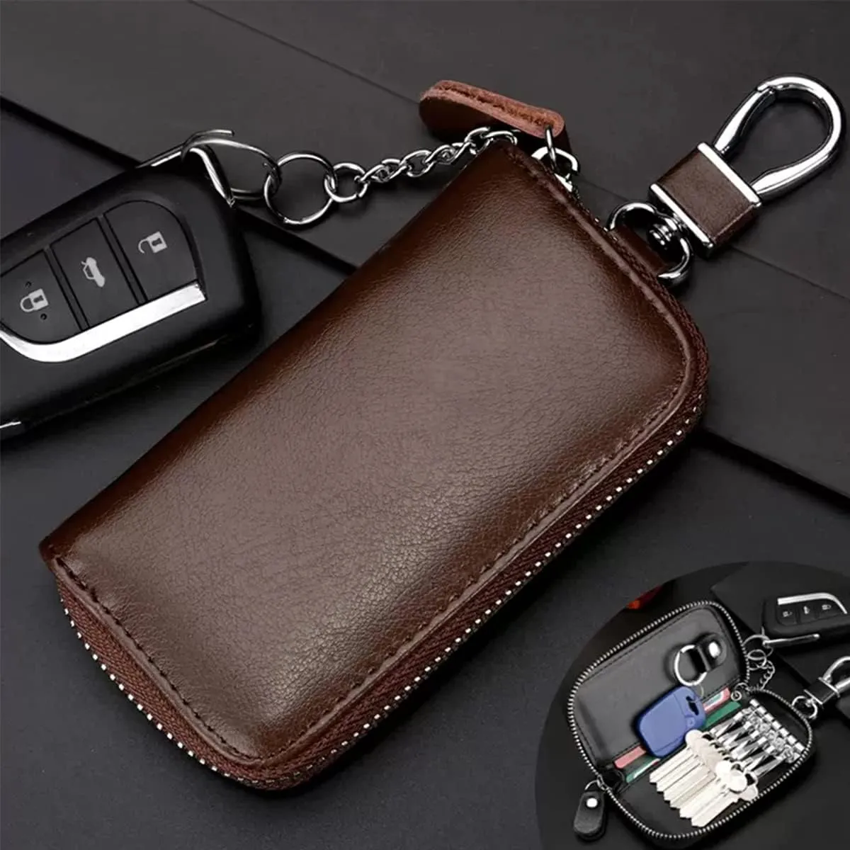 WESTONETEK Unisex Mens Womens Premium Leather Car Key Holder Bag Keychain Case Wallet with 6 Hooks Zipper Closure