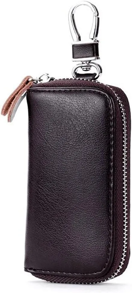 WESTONETEK Unisex Mens Womens Premium Leather Car Key Holder Bag Keychain Case Wallet with 6 Hooks Zipper Closure