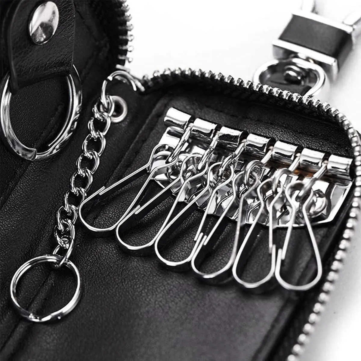 WESTONETEK Unisex Mens Womens Premium Leather Car Key Holder Bag Keychain Case Wallet with 6 Hooks Zipper Closure