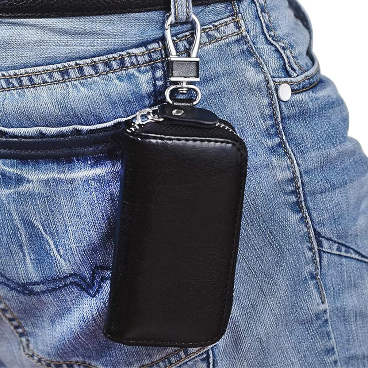 WESTONETEK Unisex Mens Womens Premium Leather Car Key Holder Bag Keychain Case Wallet with 6 Hooks Zipper Closure