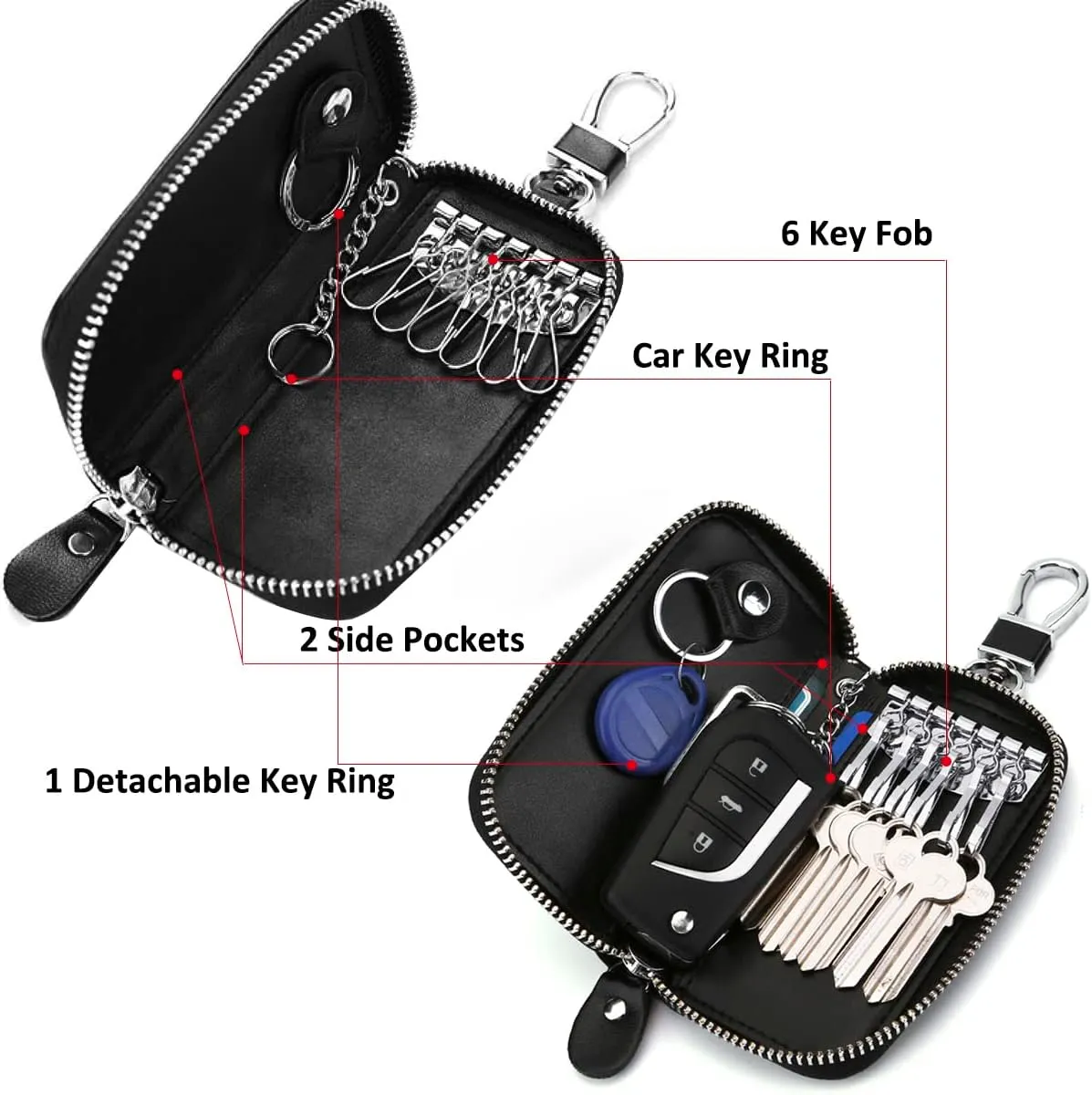 WESTONETEK Unisex Mens Womens Premium Leather Car Key Holder Bag Keychain Case Wallet with 6 Hooks Zipper Closure