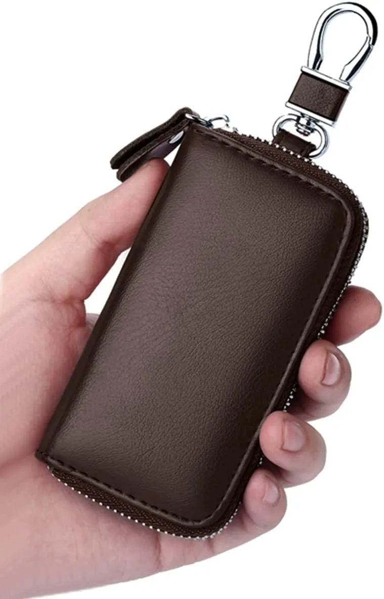 WESTONETEK Unisex Mens Womens Premium Leather Car Key Holder Bag Keychain Case Wallet with 6 Hooks Zipper Closure