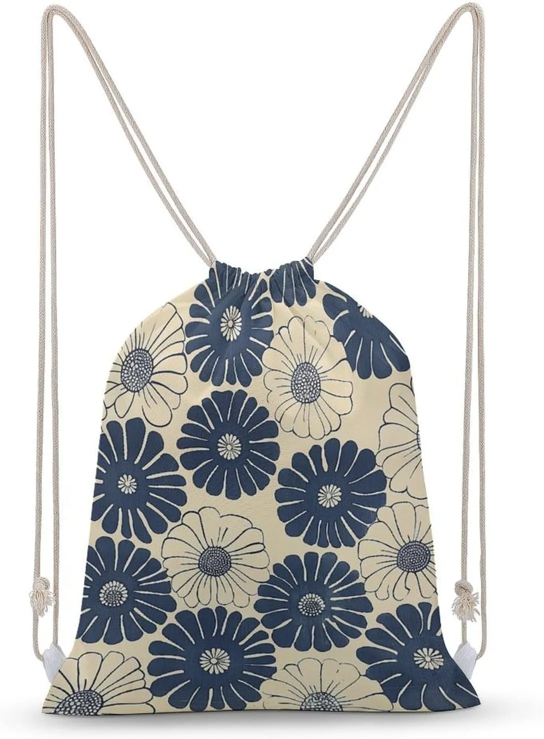 White Round Flowers Drawstring Backpack for Women Men Drawstring Bag for Travel Swimming Sports Gym Bag