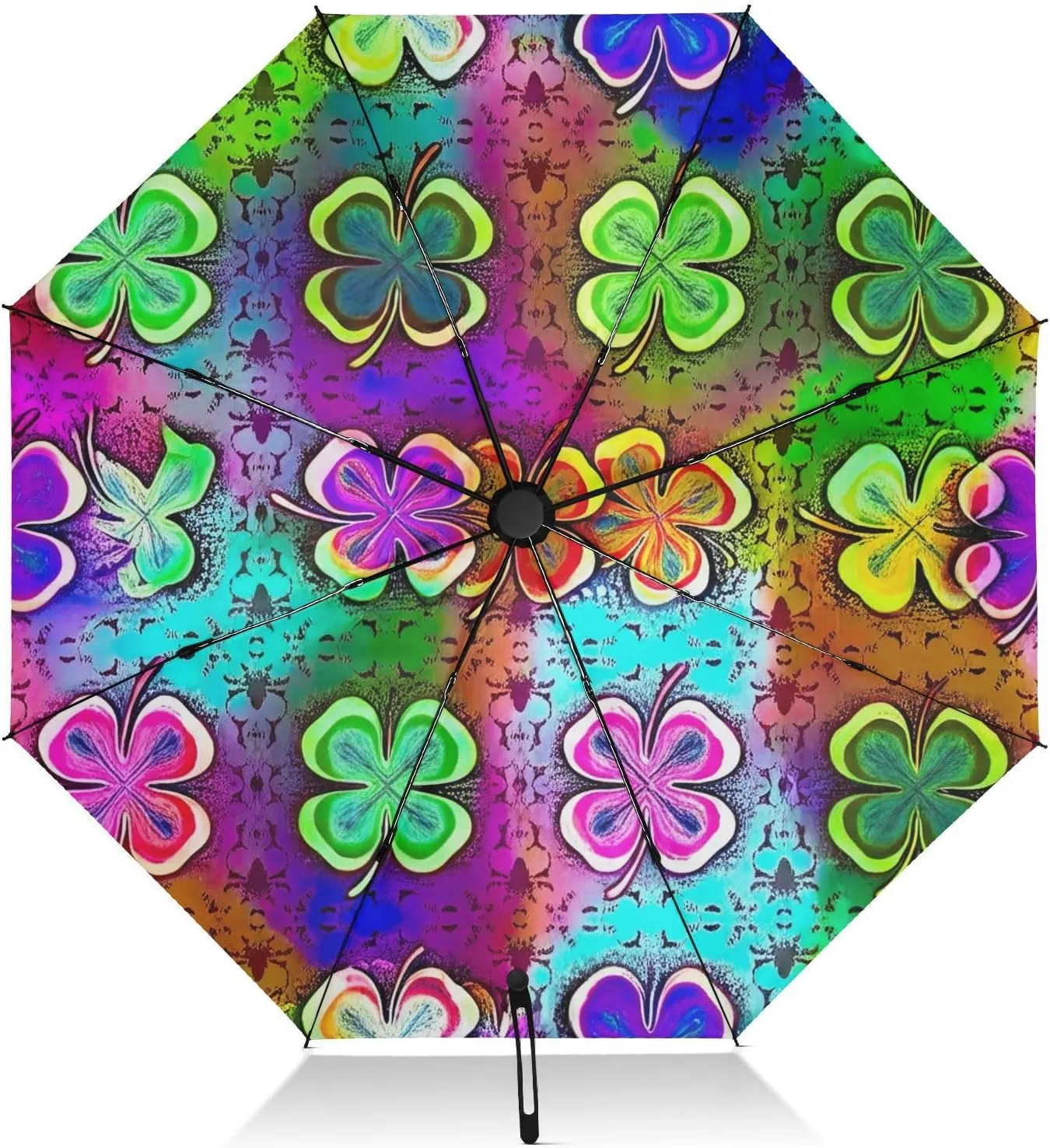 Windproof Travel Umbrella, Auto Open Close, Compact Umbrellas, Backpack Purse Portable, Ideal for Women, Colorful Shamrock Clover Leaves