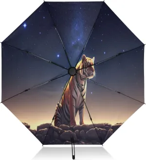 Windproof Travel Umbrella, Compact Umbrellas, Auto Open Close, Backpack Purse Portable, Ideal for Women, Tiger Night Sky