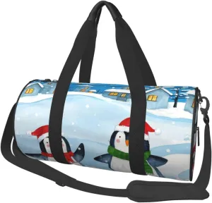 Winter Christmas Penguins Print Round Large Capacity Travel Luggage Bags,Men's and Women's Hand-Held Travel Clothing Bags