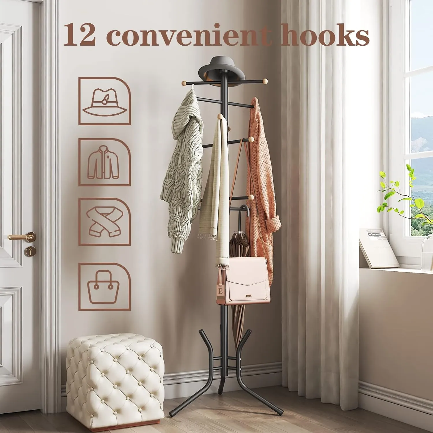 Wisdom Star Coat Racks Freestanding, 12 Hooks Coat Tree Freestanding Used in the Bedroom Living Room Office, Coat Hanger Stand Coat Rack Stand Can be Hang Clothes, Hats, Bags, Black