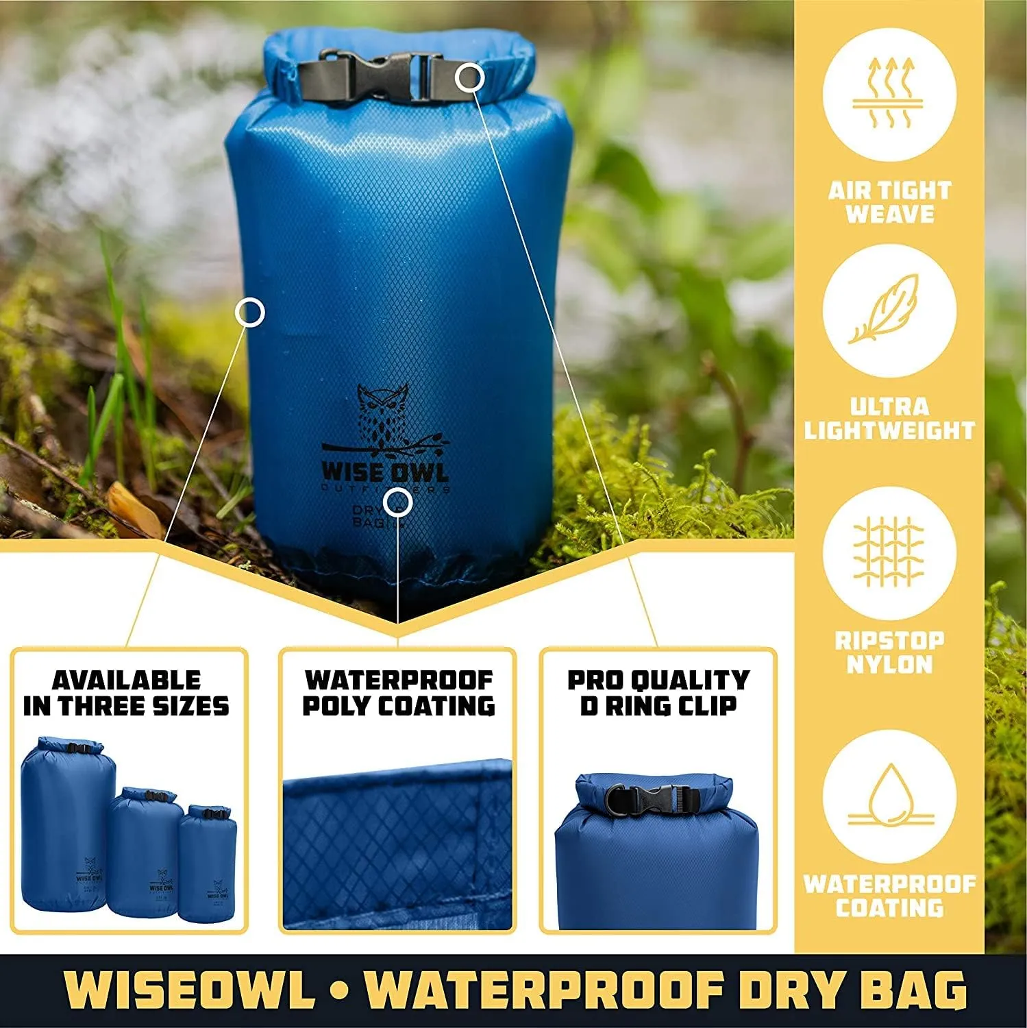 Wise Owl Outfitters Waterproof Dry Bag - Fully Submersible 1pk or 3pk Ultra Lightweight Airtight Waterproof Bags - 5L, 10L and 20L Sizes - Diamond Ripstop Roll Top Drybags
