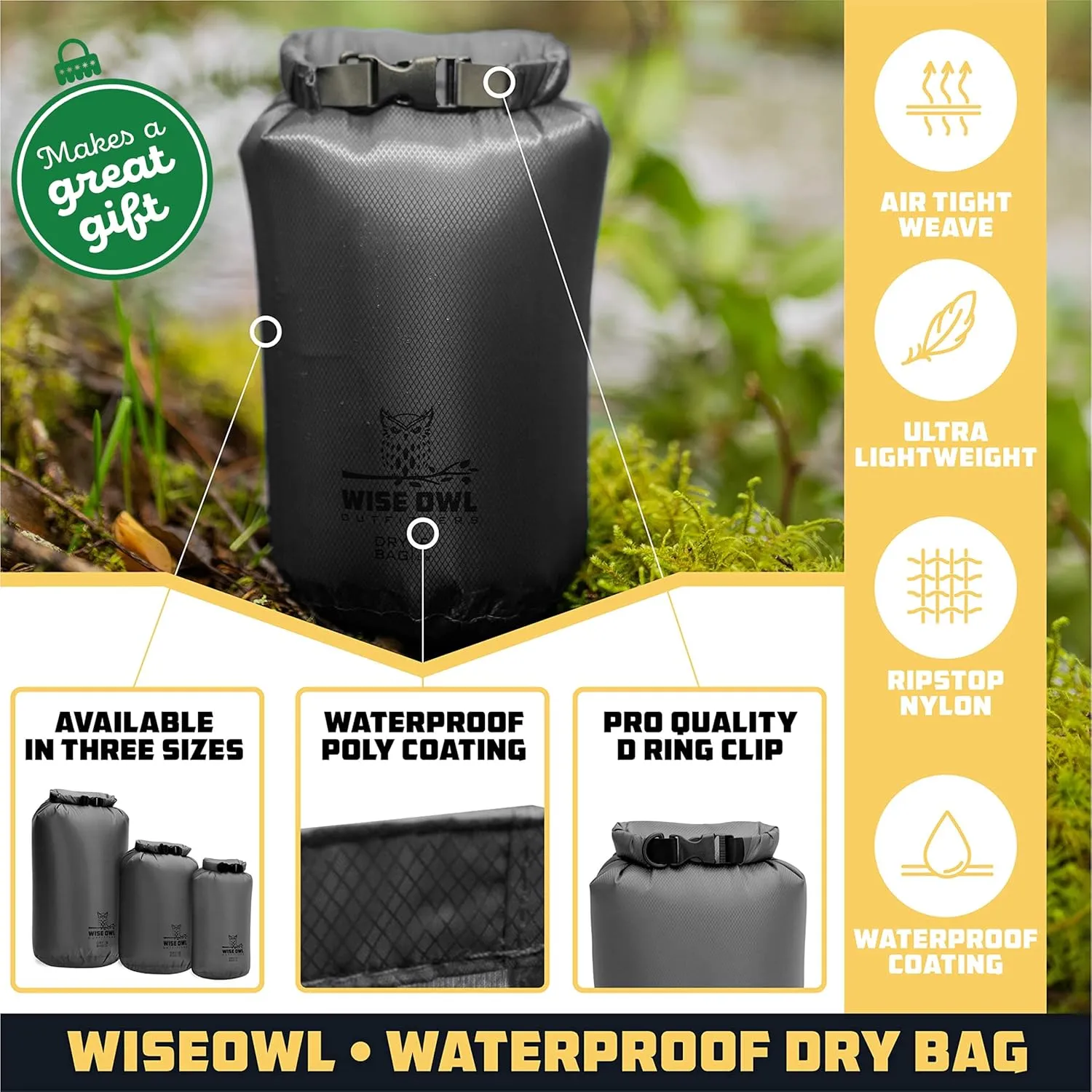 Wise Owl Outfitters Waterproof Dry Bag - Fully Submersible Ultra Lightweight Airtight Bags - 1pk or 3pk, 5L, 10L & 20L Sizes - Diamond Ripstop Roll Top Drybags for Camping, Kayaking & Backpacking