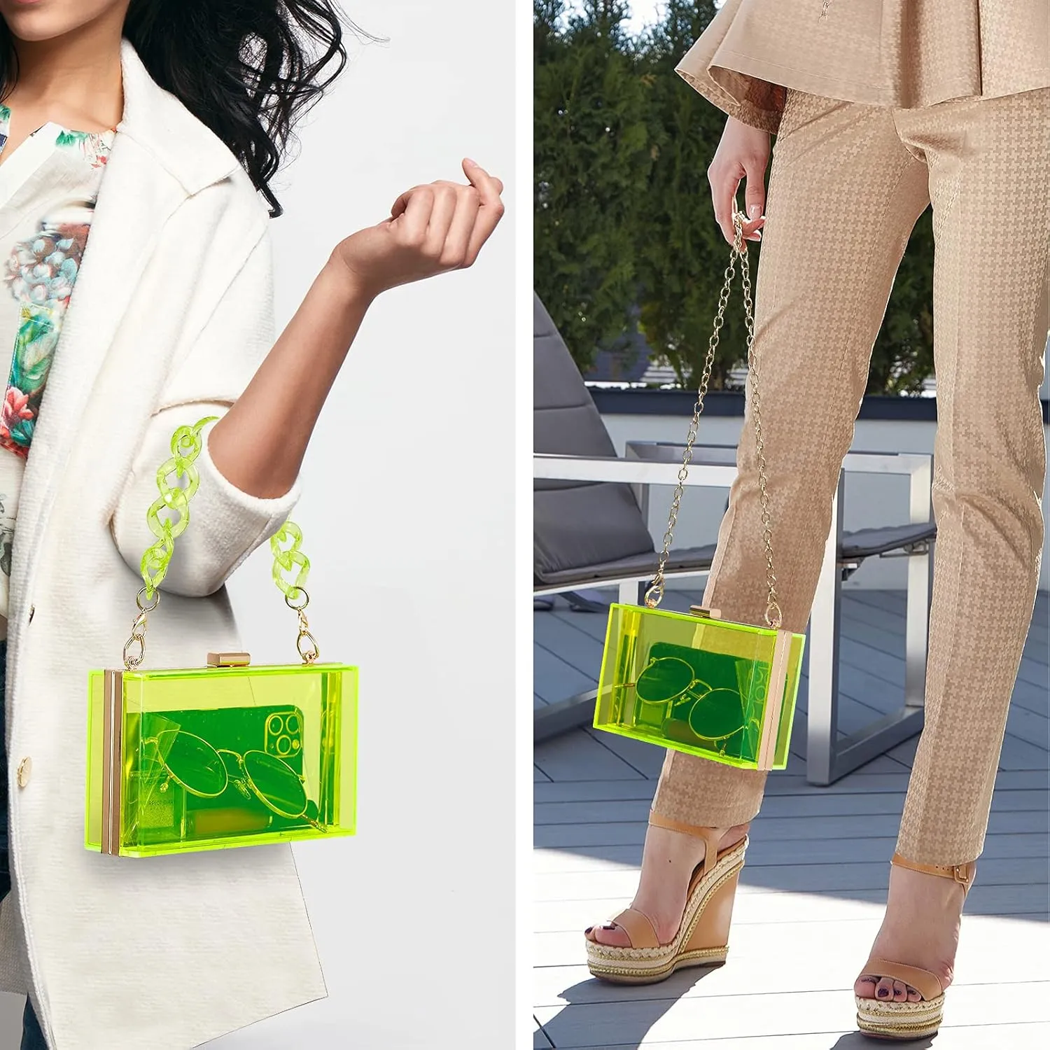 WJCD Women Clear Purse Acrylic Box Clutch Handbag, Small Transparent Crossbody Evening Bag Stadium Approved Gold Chain Strap