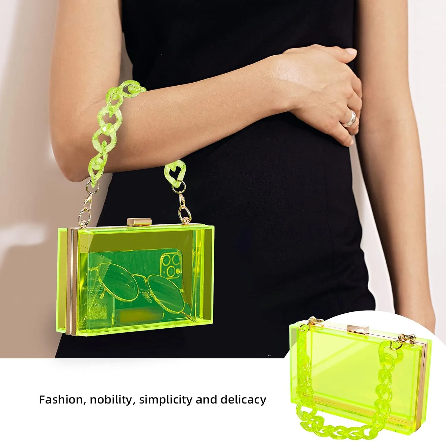 WJCD Women Clear Purse Acrylic Box Clutch Handbag, Small Transparent Crossbody Evening Bag Stadium Approved Gold Chain Strap