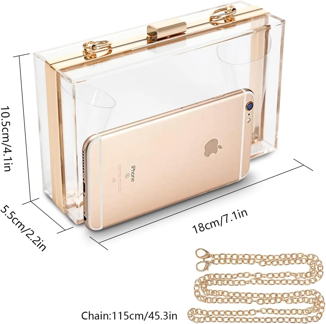 WJCD Women Clear Purse Acrylic Box Clutch Handbag, Small Transparent Crossbody Evening Bag Stadium Approved Gold Chain Strap
