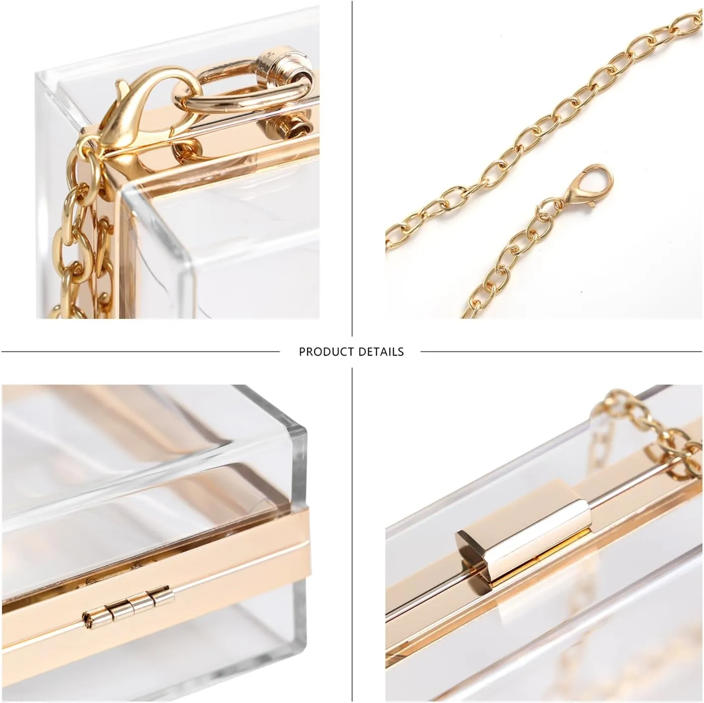 WJCD Women Clear Purse Acrylic Box Clutch Handbag, Small Transparent Crossbody Evening Bag Stadium Approved Gold Chain Strap