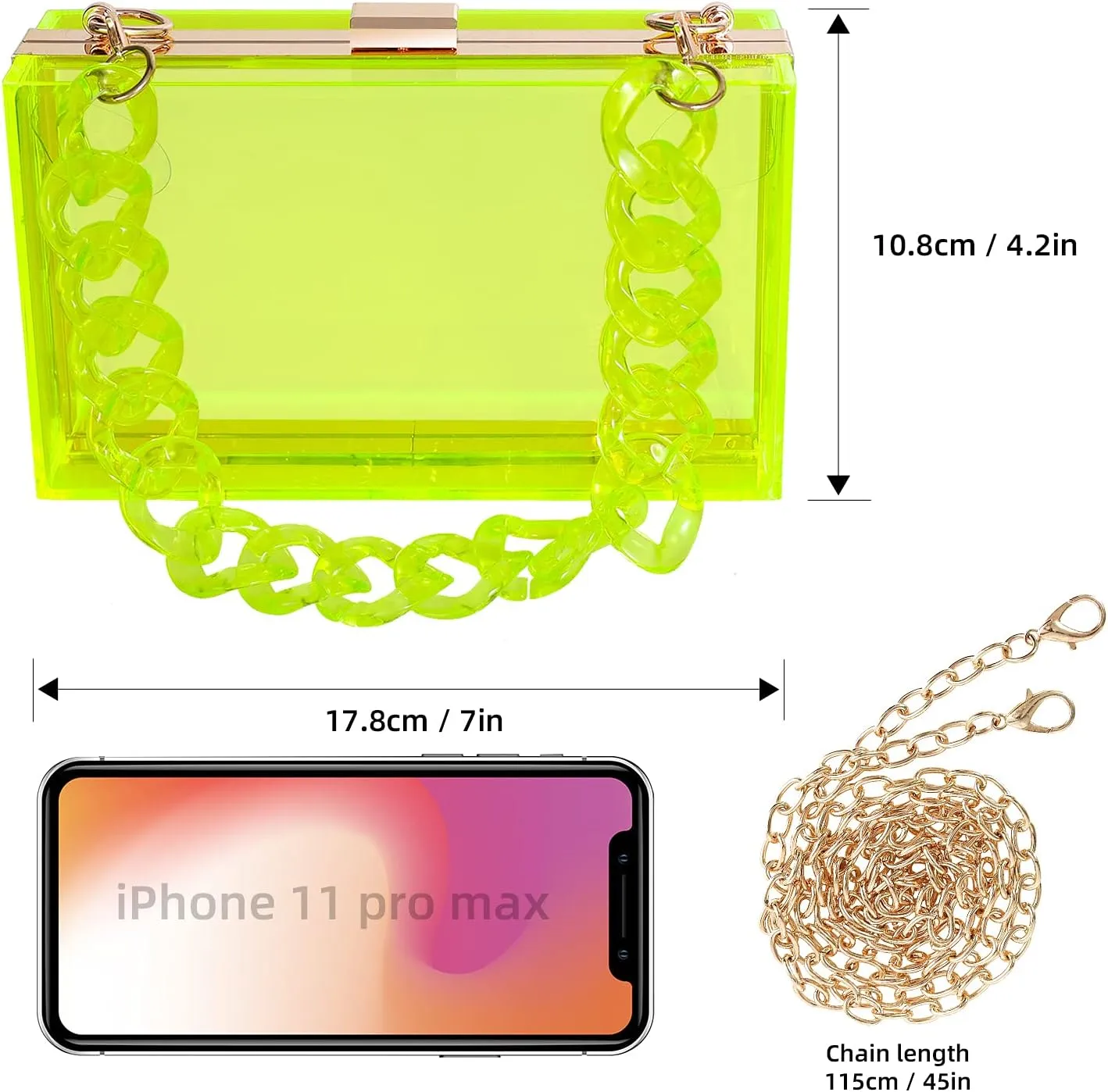 WJCD Women Clear Purse Acrylic Box Clutch Handbag, Small Transparent Crossbody Evening Bag Stadium Approved Gold Chain Strap