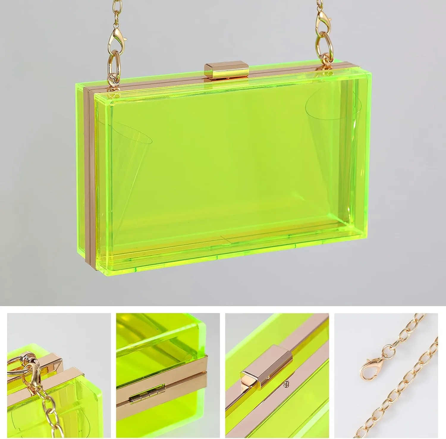 WJCD Women Clear Purse Acrylic Box Clutch Handbag, Small Transparent Crossbody Evening Bag Stadium Approved Gold Chain Strap