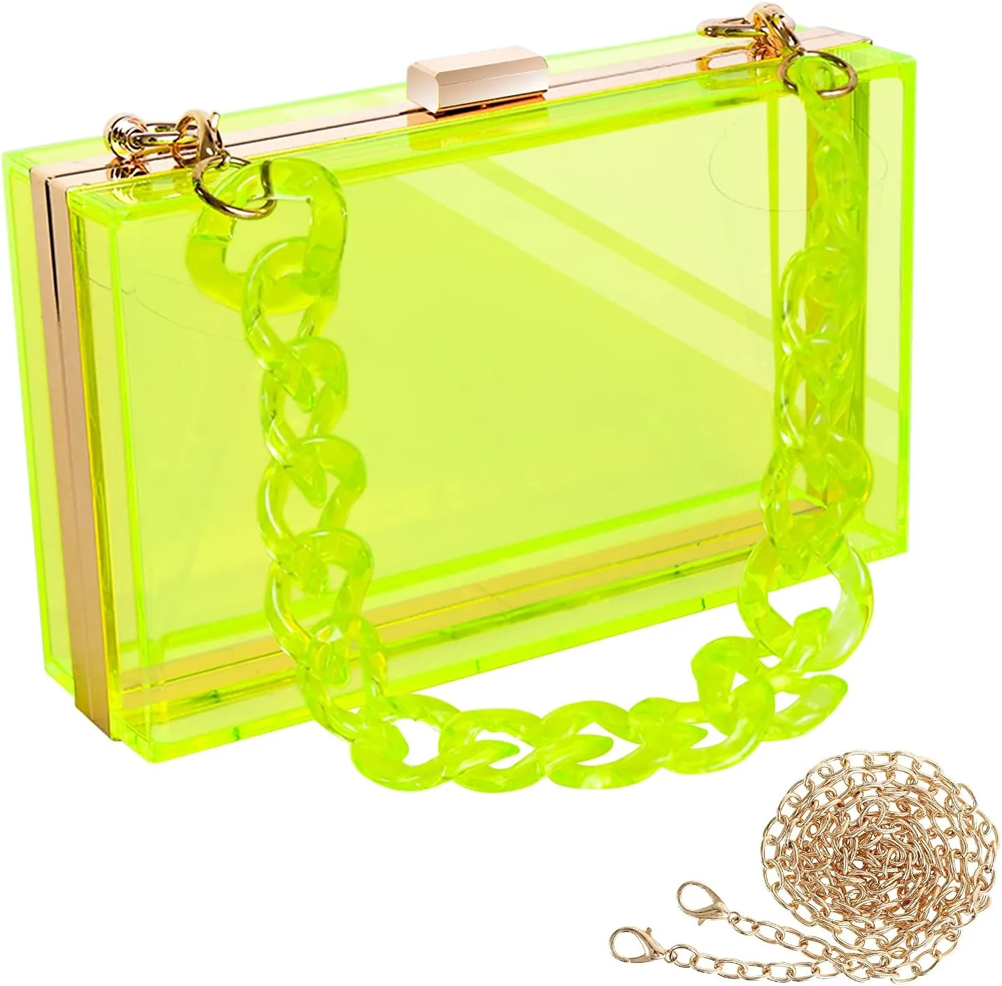 WJCD Women Clear Purse Acrylic Box Clutch Handbag, Small Transparent Crossbody Evening Bag Stadium Approved Gold Chain Strap