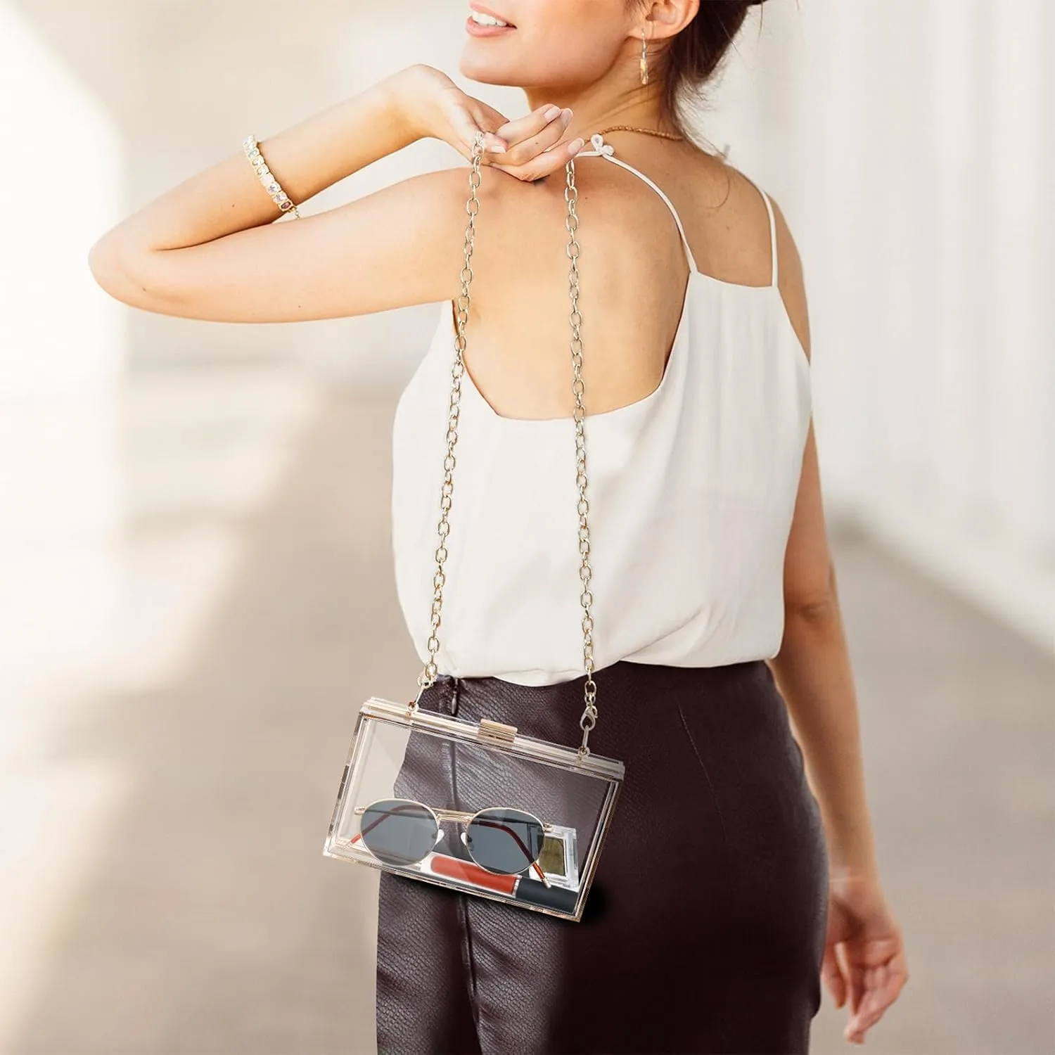 WJCD Women Clear Purse Acrylic Box Clutch Handbag, Small Transparent Crossbody Evening Bag Stadium Approved Gold Chain Strap