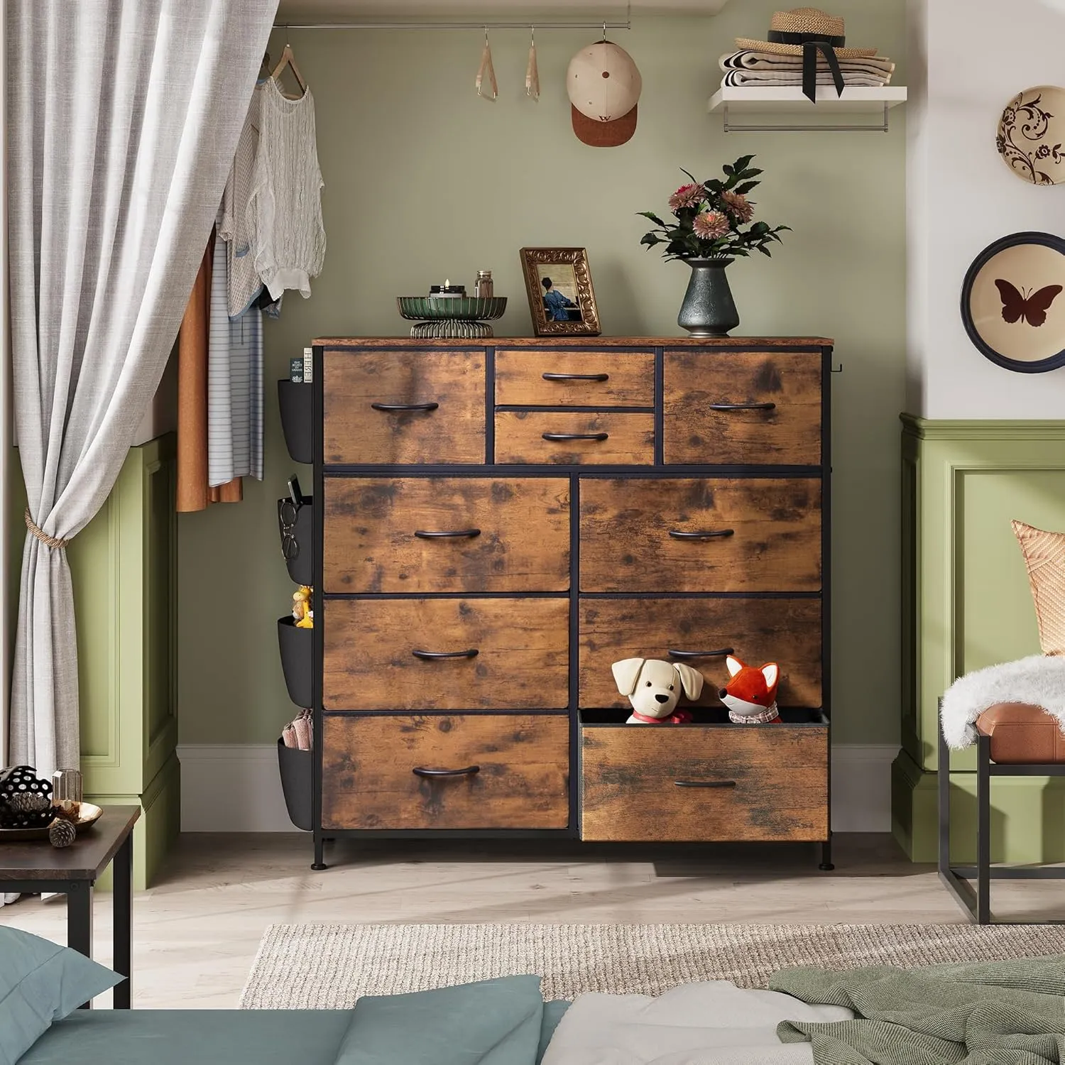 WLIVE Fabric Dresser for Bedroom with 10 Drawers, Chest of Drawers with Side Pockets and Hooks, Sturdy Metal Frame, Drawers Organizer Unit for Living Room, Hallway, Rustic Brown Wood Grain Print