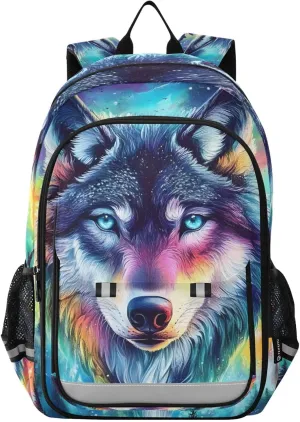 Wolf Galaxy Aurora Forest Laptop Backpack Purse for Women Men School Bag 17 Inch Bookbag Student Boys Girls Travel Casual Daypack
