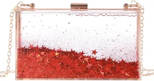 Women Acrylic Clutch Purse Clear Evening Shoulder Bag Star Quicksand Liquid Clutch Purse for Wedding Party Prom 928-Red