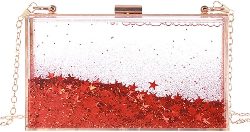 Women Acrylic Clutch Purse Clear Evening Shoulder Bag Star Quicksand Liquid Clutch Purse for Wedding Party Prom 928-Red
