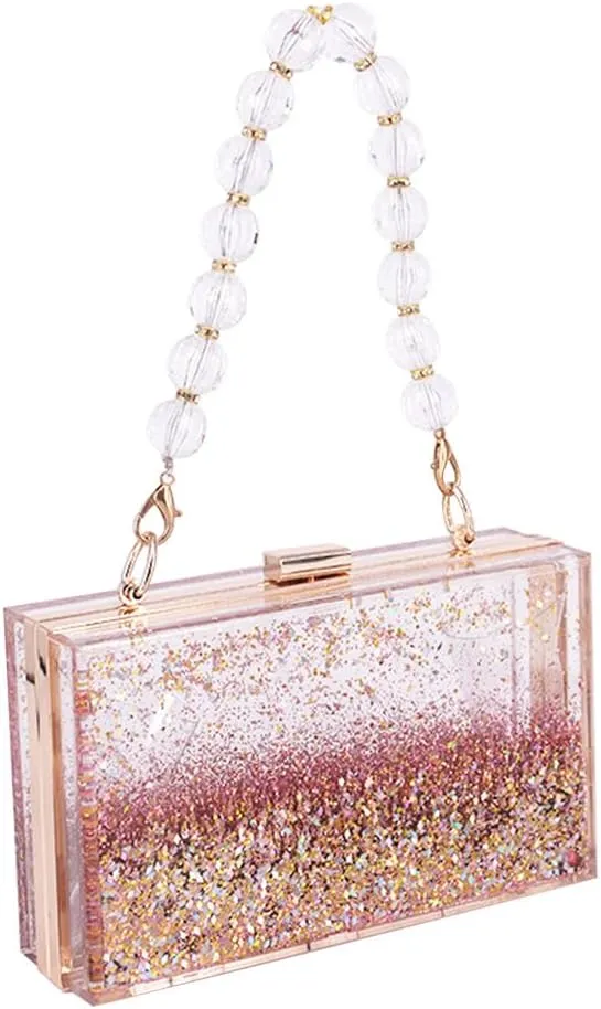 Women Acrylic Clutch Purse Clear Evening Shoulder Bag Star Quicksand Liquid Clutch Purse for Wedding Party Prom Gold-2 Chains