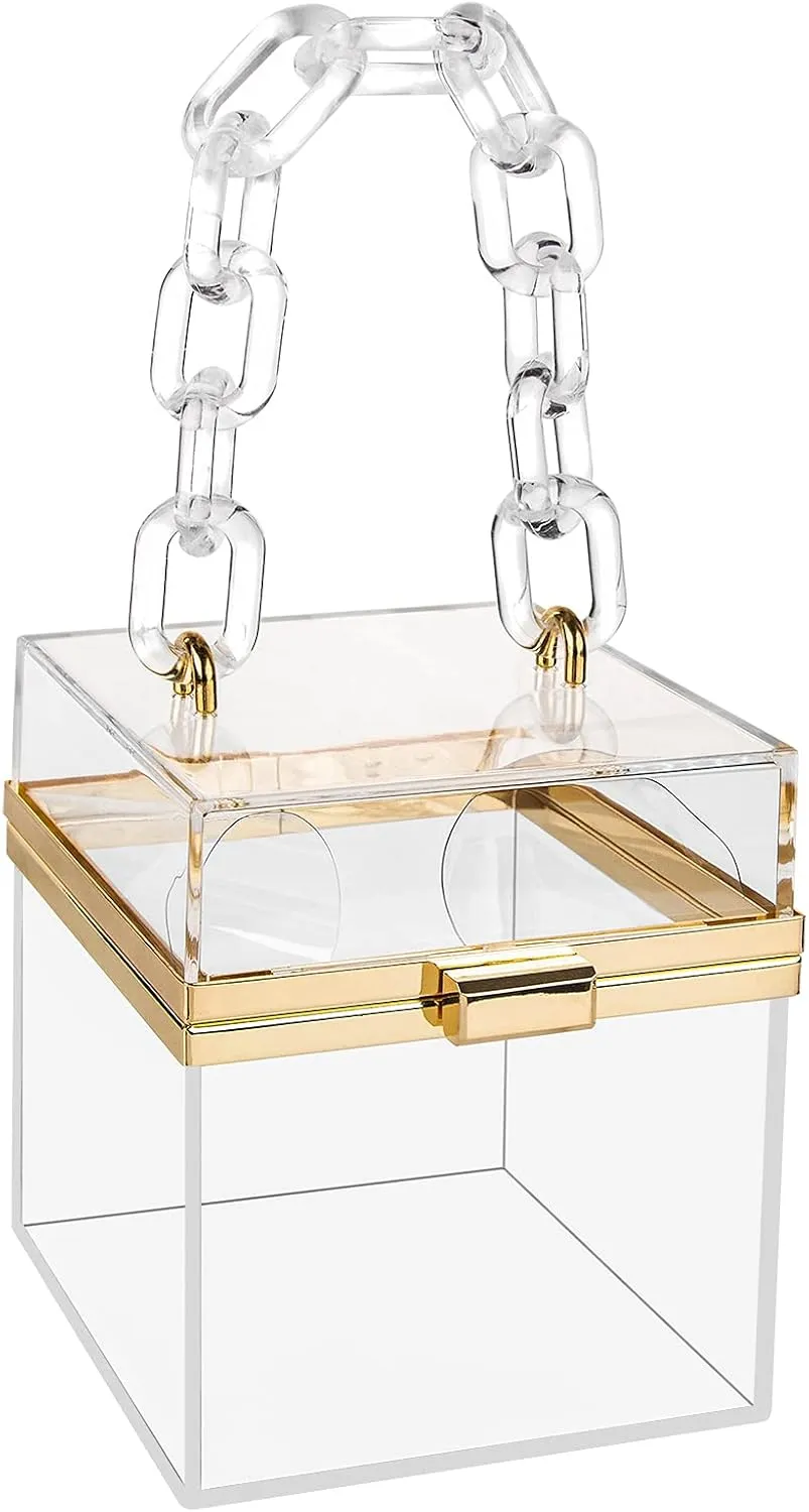 Women Acrylic Clutch Purse, Clear Square Box, Transparent Stadium-Approved Bag, Evening Party Dinner Handbag Medium