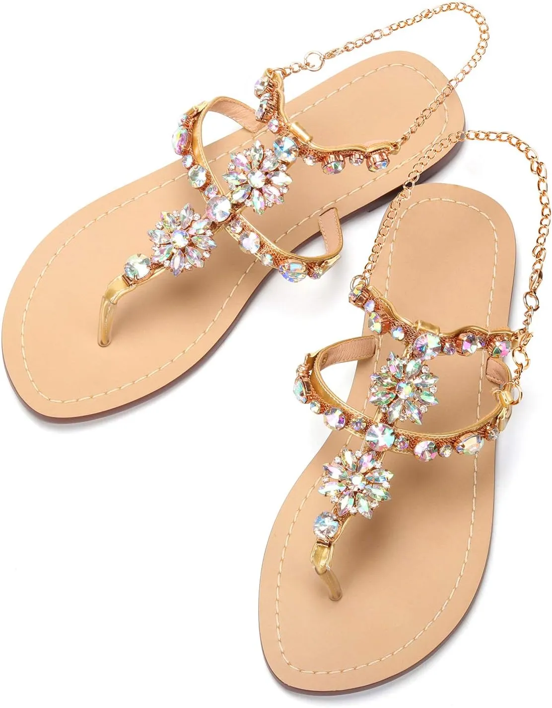 Women Bedazzled Bling Rhinestones Chains Thong Boho Beach Flat Bridal Crystal Gems Gladiator Summer Jewel Sandals for Wedding