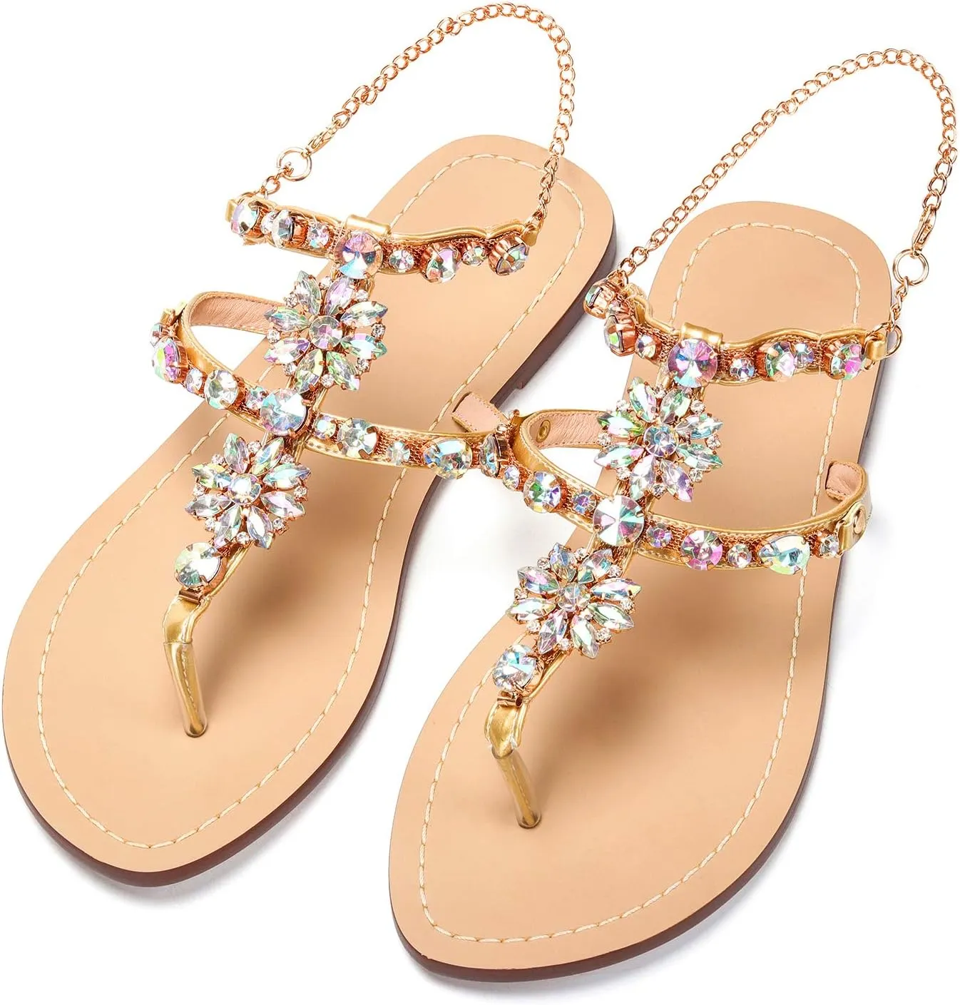 Women Bedazzled Bling Rhinestones Chains Thong Boho Beach Flat Bridal Crystal Gems Gladiator Summer Jewel Sandals for Wedding