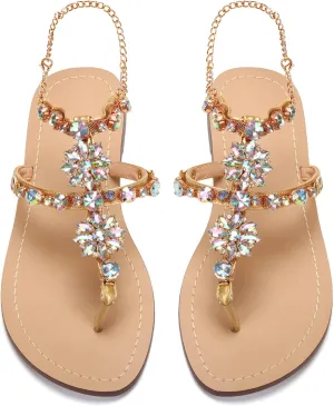 Women Bedazzled Bling Rhinestones Chains Thong Boho Beach Flat Bridal Crystal Gems Gladiator Summer Jewel Sandals for Wedding
