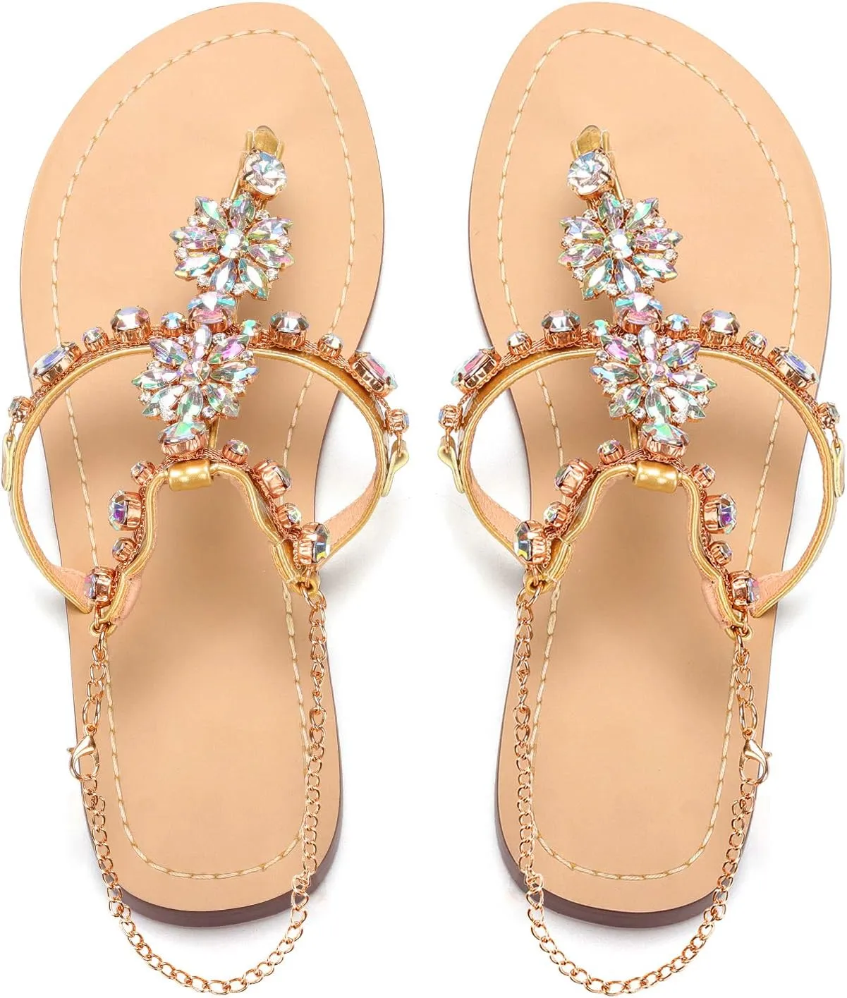 Women Bedazzled Bling Rhinestones Chains Thong Boho Beach Flat Bridal Crystal Gems Gladiator Summer Jewel Sandals for Wedding