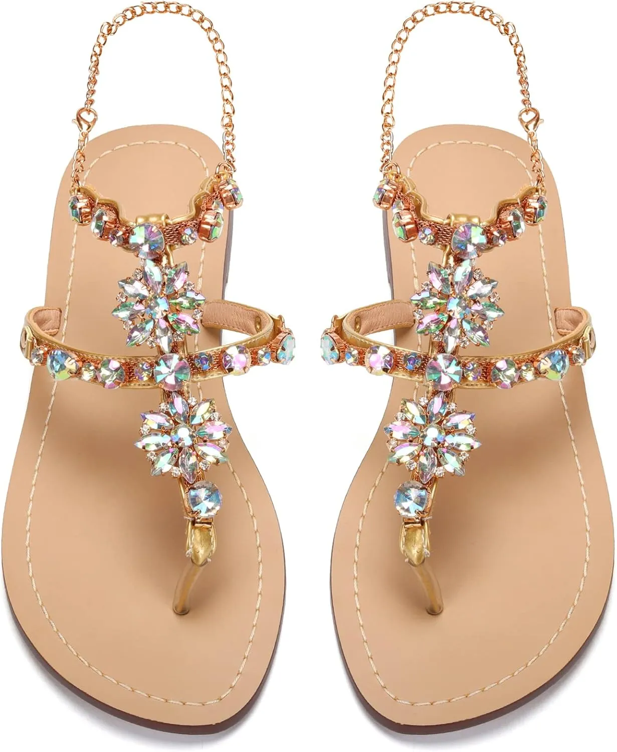 Women Bedazzled Bling Rhinestones Chains Thong Boho Beach Flat Bridal Crystal Gems Gladiator Summer Jewel Sandals for Wedding