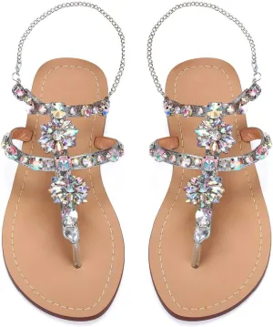 Women Bedazzled Bling Rhinestones Chains Thong Boho Beach Flat Bridal Crystal Gems Gladiator Summer Jewel Sandals for Wedding