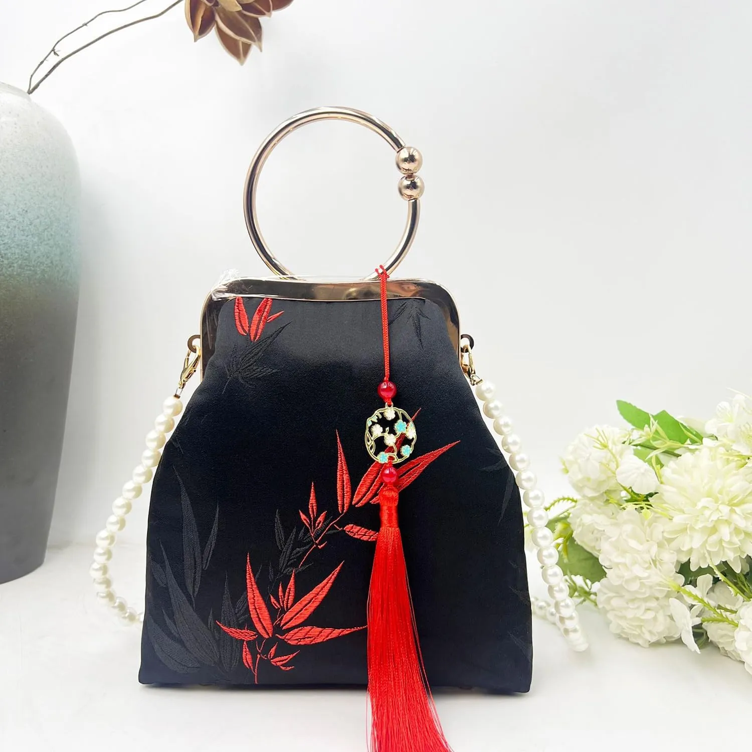 Women China Chic Evening Clutch Handbag Bamboo Leaves Embroidered Kiss Lock Top-handle Tote Purse Wedding Party Crossbody Bag