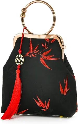 Women China Chic Evening Clutch Handbag Bamboo Leaves Embroidered Kiss Lock Top-handle Tote Purse Wedding Party Crossbody Bag