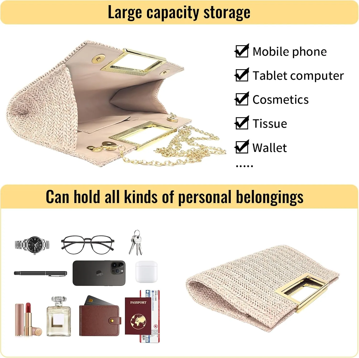 Women Clutch Top Handbags Straw Raffia Bag Purse Woven Tote CrossBag for Women Beach Summer Travel