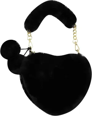 Women Girls Faux Fur Heart Shaped Handbag Plush Shoulder Bag Clutch Purse with Metal Chain Strap