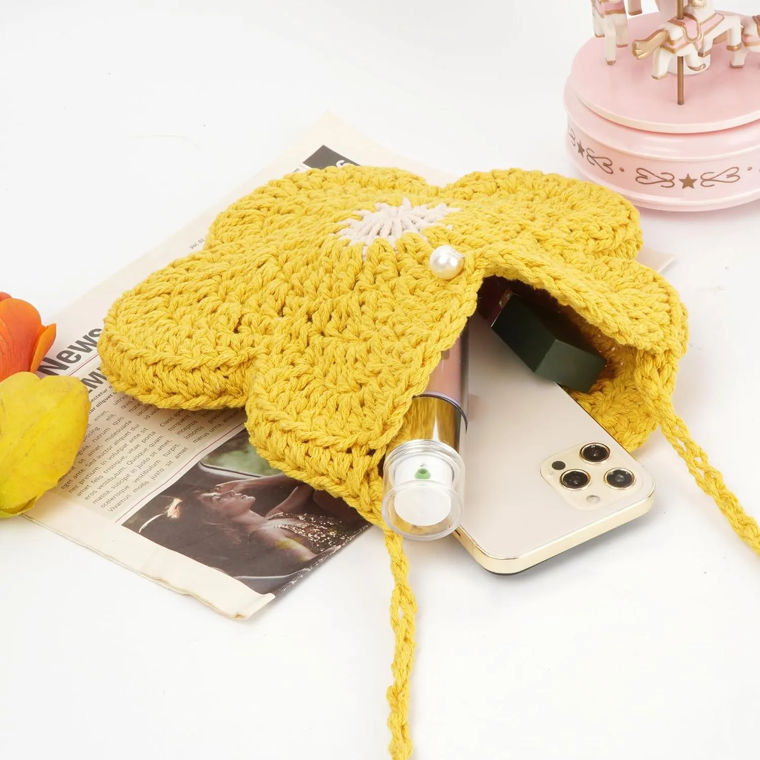 Women Girls Mini Flower Cotton Crochet Crossbody Shoulder Bag Handbag Purse