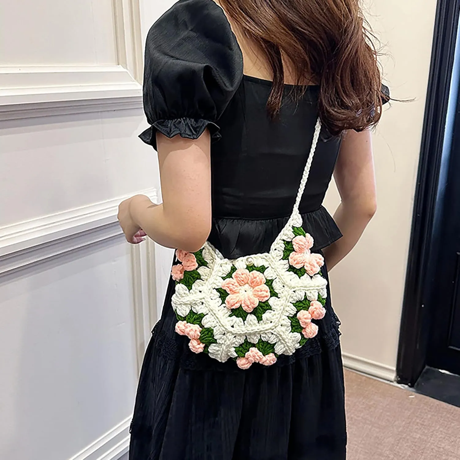 Women Girls Mini Flower Woolen yarn Crochet Crossbody Shoulder Bag Purse
