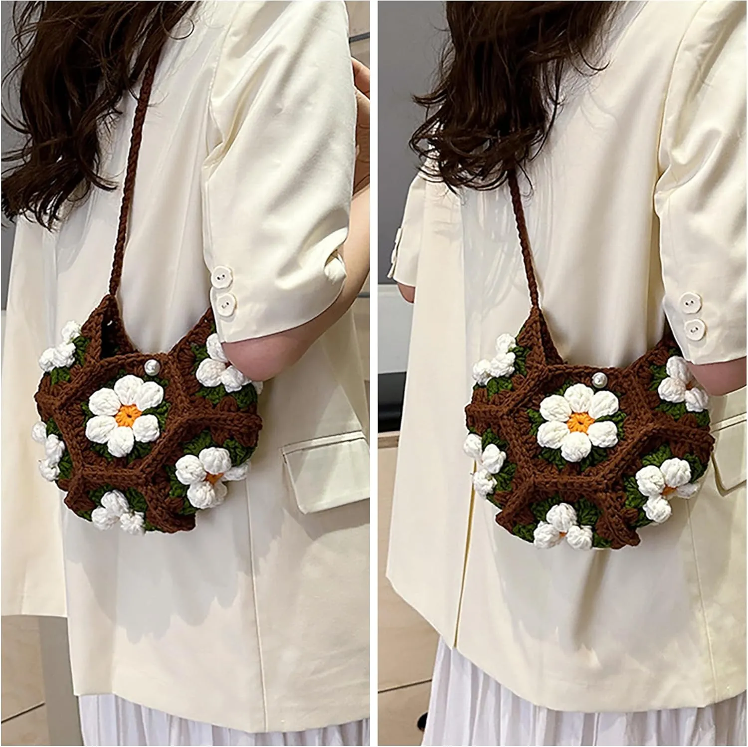 Women Girls Mini Flower Woolen yarn Crochet Crossbody Shoulder Bag Purse