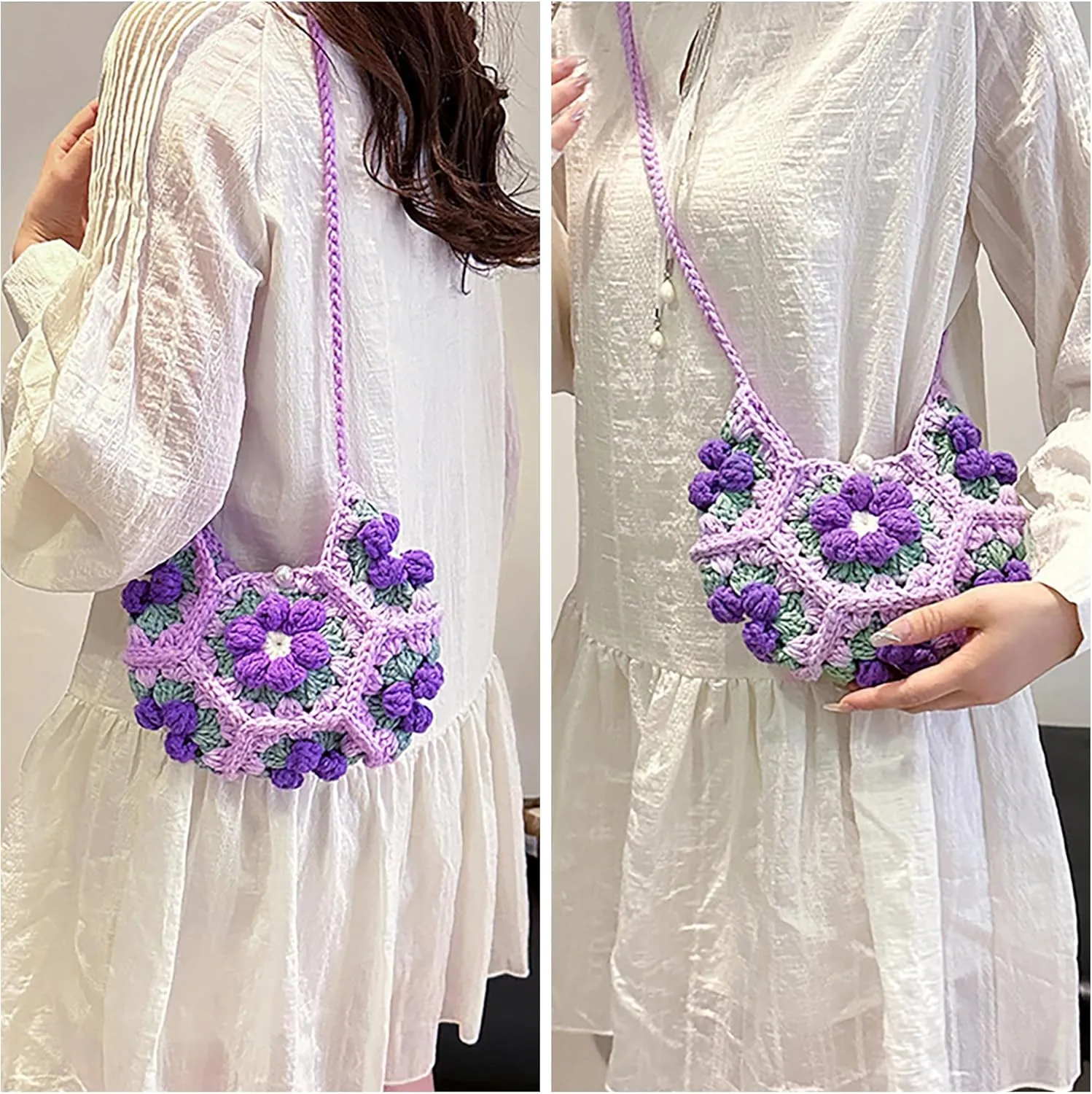 Women Girls Mini Flower Woolen yarn Crochet Crossbody Shoulder Bag Purse